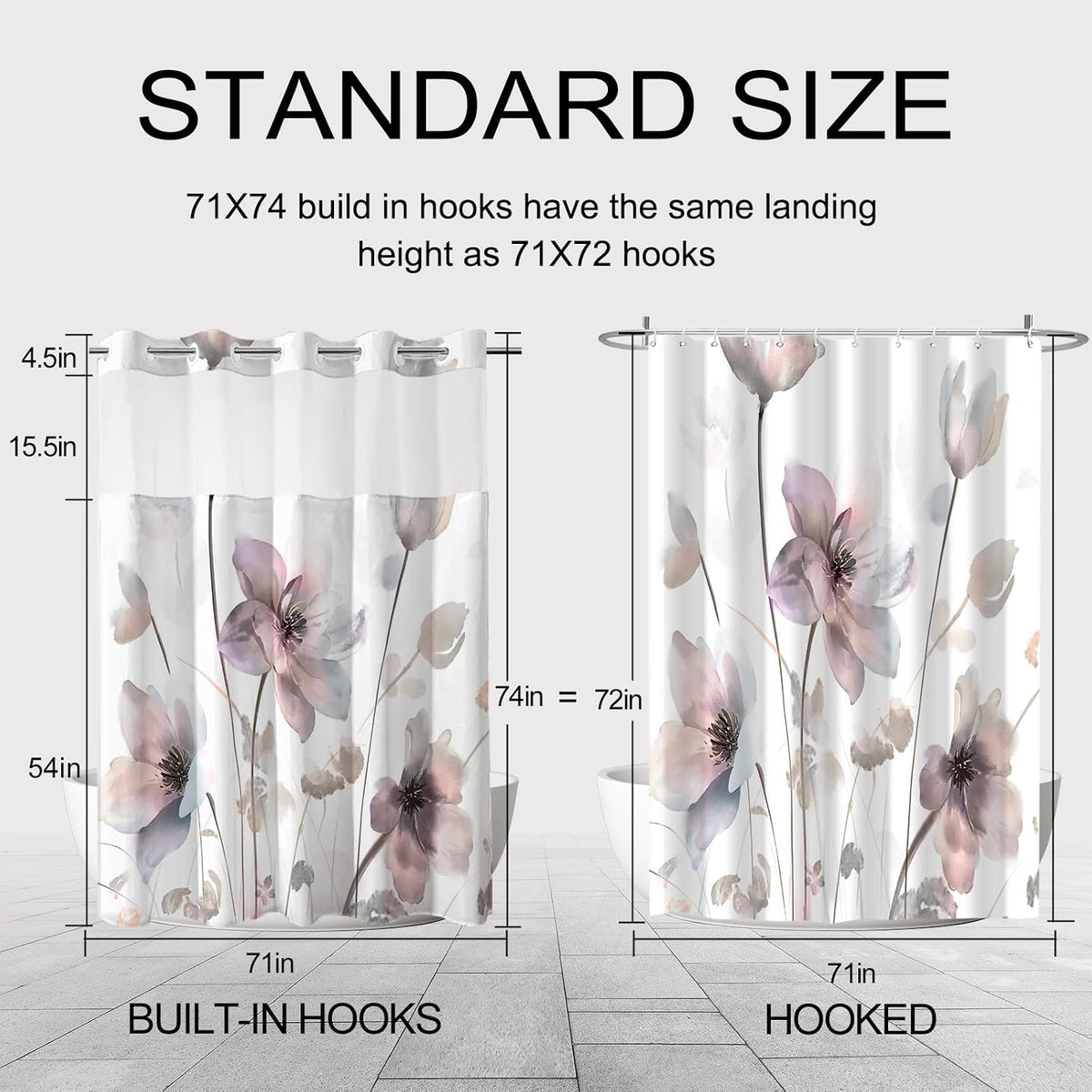 No Hook Shower Curtain and Liner Set, Pink Boho Floral 71x74