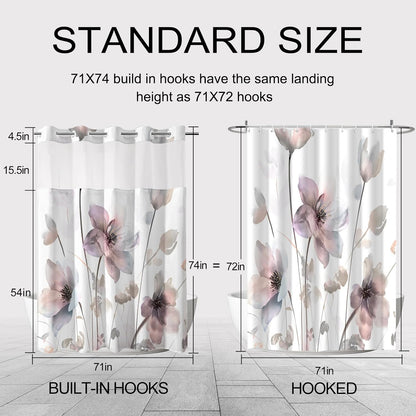 No Hook Shower Curtain and Liner Set, Pink Boho Floral 71x74