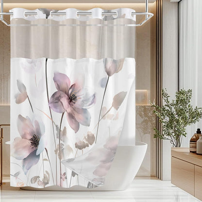No Hook Shower Curtain and Liner Set, Pink Boho Floral 71x74