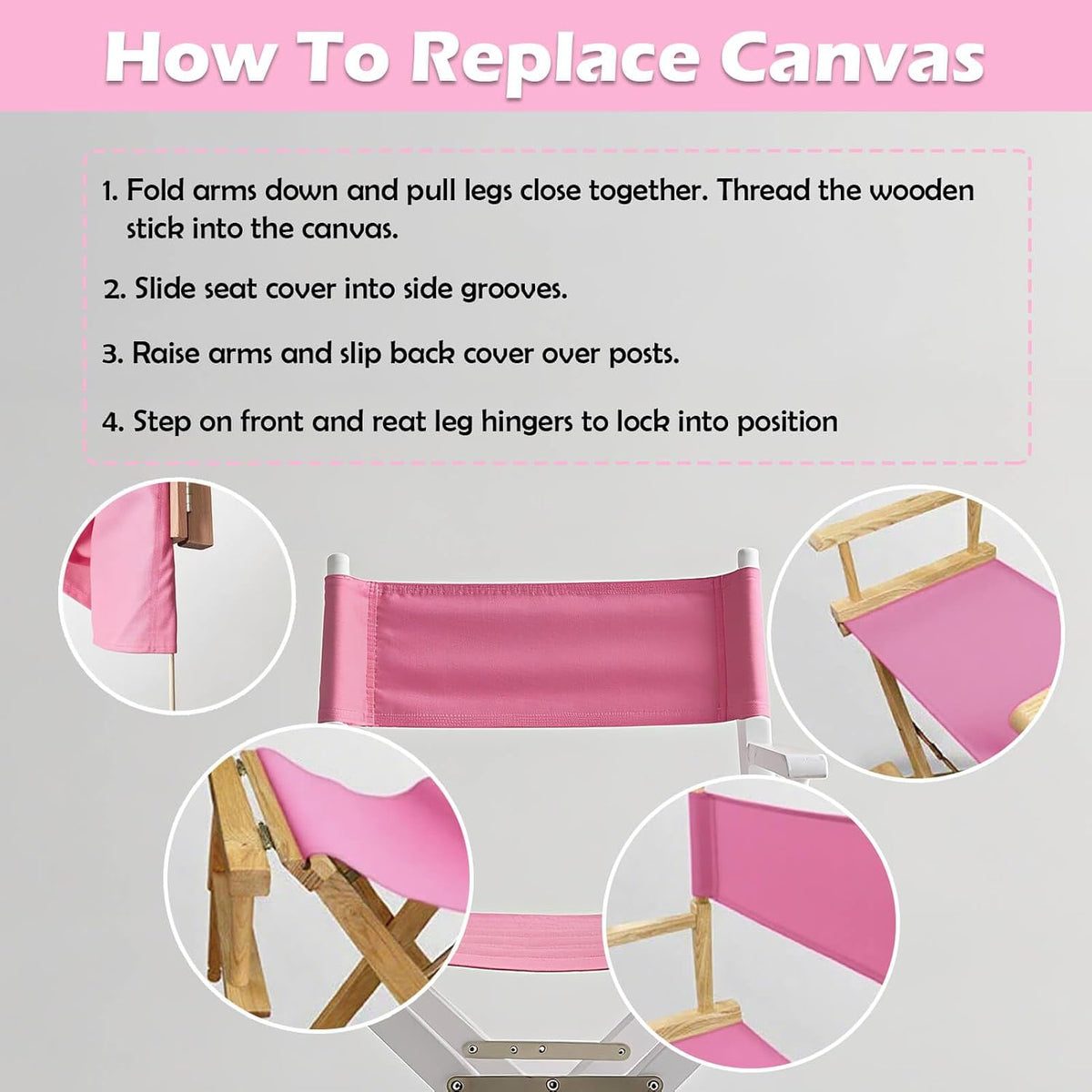 Director's Chair Canvas Replacement Kit 21"L x 8"W - 21"L x 16.5"W Replacement Canvas Durable Cotton Canvas Seat & Back Covers for Home,Model Artist,Makeup,Show Dressing Room, 1 Set Pink