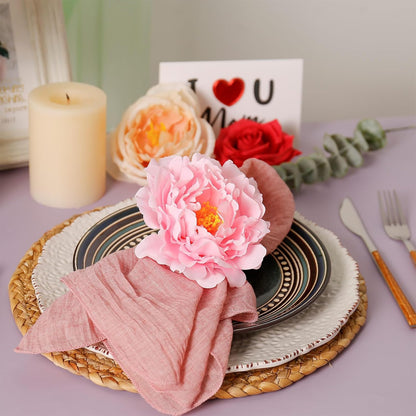 Handmade Pink Flower Napkin Rings Set of 6, Faux Peony Napkin Rings, Flower Napkin Holder for Table Decoration, Wedding, Mother, Thanksgiving Day, Dinner Setting