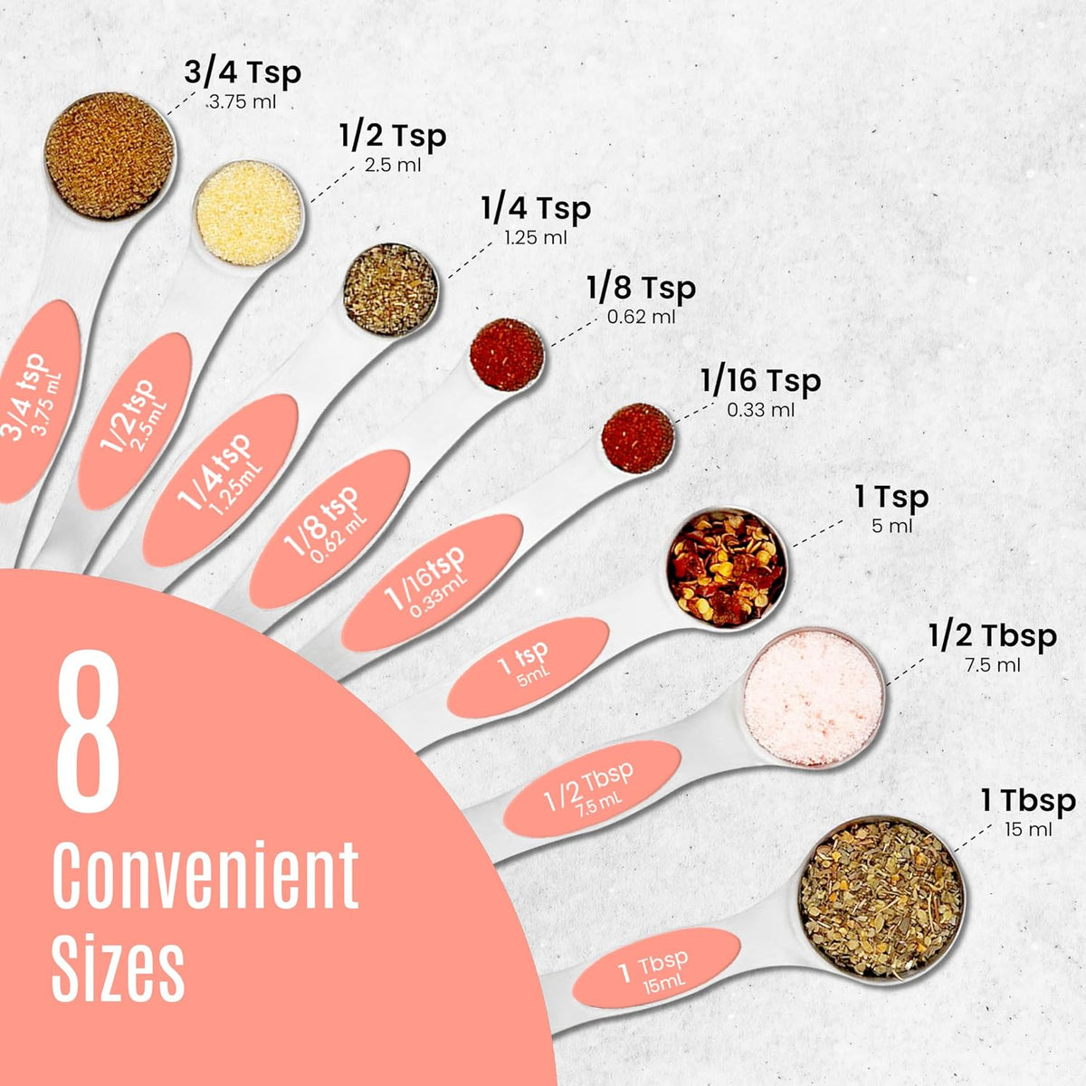 Magnetic Measuring Spoons Set of 9 Stainless Steel Dual-Sided Stackable Measuring Spoon Nesting Teaspoons Measuring Dry and Liquid Ingredients, Fits in Spice Jars Set of 9 (Peach)