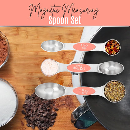 Magnetic Measuring Spoons Set of 9 Stainless Steel Dual-Sided Stackable Measuring Spoon Nesting Teaspoons Measuring Dry and Liquid Ingredients, Fits in Spice Jars Set of 9 (Peach)