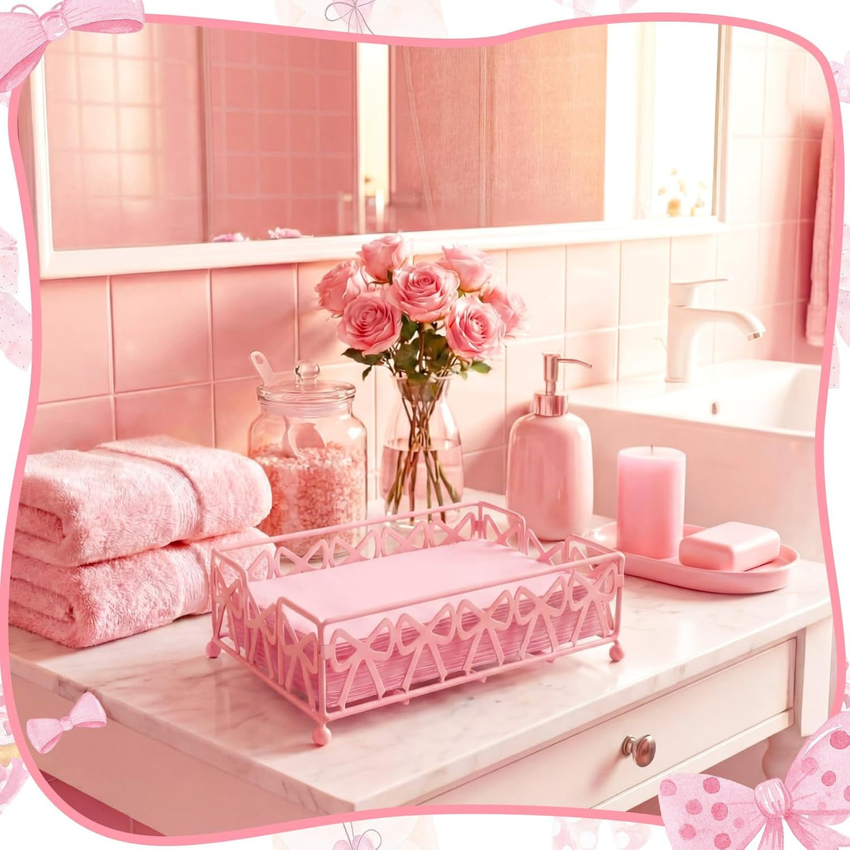 Pink Bow Guest Towel Holder Tray, Bathroom Disposable Towel Rack