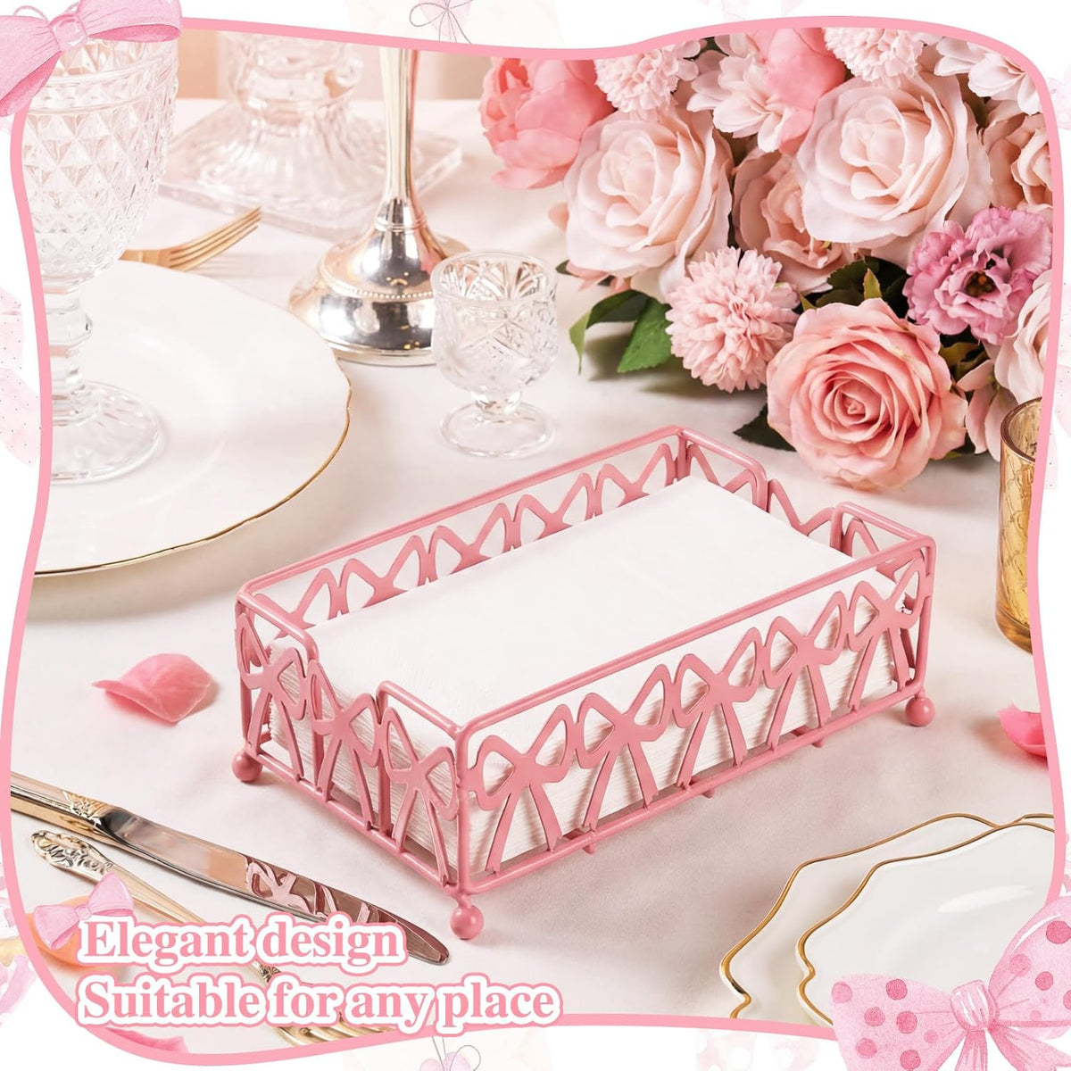 Pink Bow Guest Towel Holder Tray, Bathroom Disposable Towel Rack