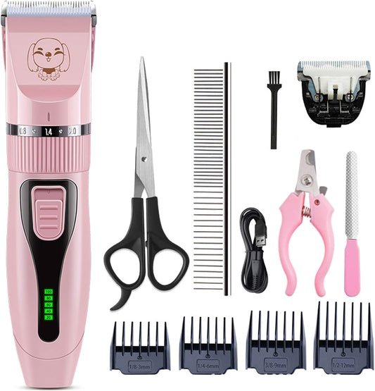 Electric Pet Grooming Clippers, Rechargeable Low Noise Cordless Pet Clippers, Quiet Dog Shave Clippers for Dogs Cats Pets Hair Trimmer Set with 4 Guide Combs and Cleaning Brush Nail Kits