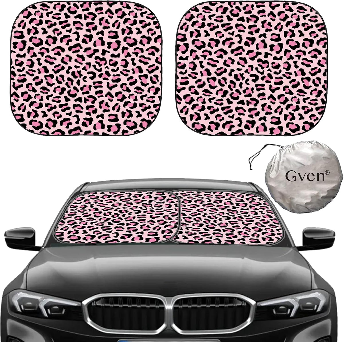 Windshield Sun Shade 2pcs with Bonus Pink Car Sunshade for Front Window Shades 2025 Technology Reflect UV and Heat Sun Visor Automotive Accessories Interior Sun Protection (Pink Leopard, M)