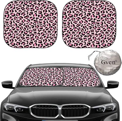 Windshield Sun Shade 2pcs with Bonus Pink Car Sunshade for Front Window Shades 2025 Technology Reflect UV and Heat Sun Visor Automotive Accessories Interior Sun Protection (Pink Leopard, M)