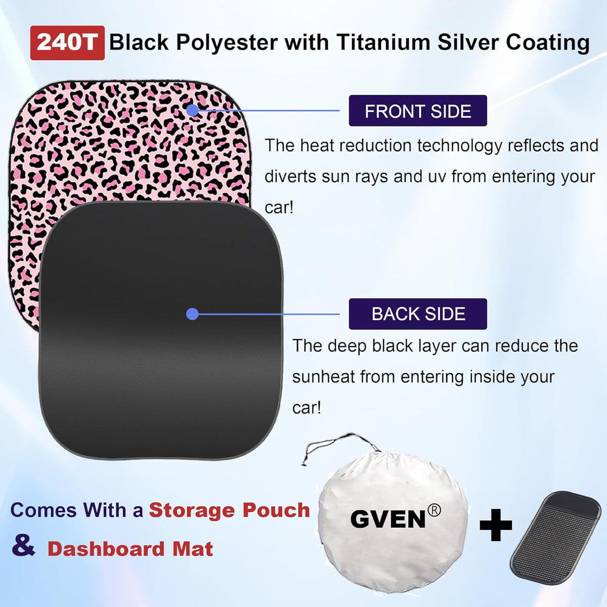 Windshield Sun Shade 2pcs with Bonus Pink Car Sunshade for Front Window Shades 2025 Technology Reflect UV and Heat Sun Visor Automotive Accessories Interior Sun Protection (Pink Leopard, M)