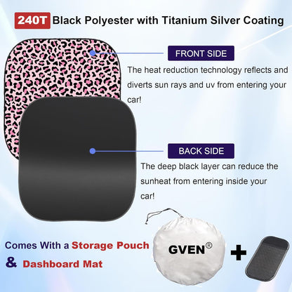 Windshield Sun Shade 2pcs with Bonus Pink Car Sunshade for Front Window Shades 2025 Technology Reflect UV and Heat Sun Visor Automotive Accessories Interior Sun Protection (Pink Leopard, M)