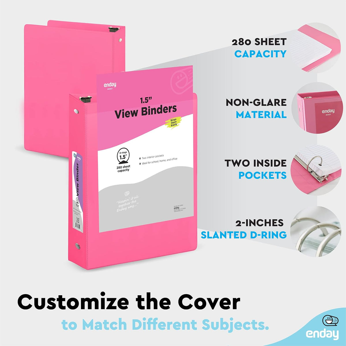 1.5 Inch Binder (6 Pack - Pink) 3 Ring Binder 1.5 inch with Clear View Cover and 2 Inside Pocket - for Letter Size 8.5 x 11'' Paper, Ideal for School Supplies, Office, and Home