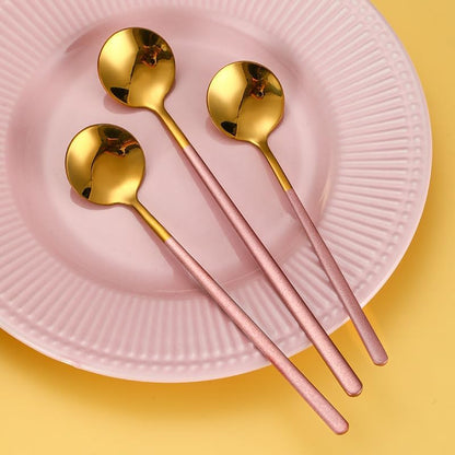 Silverware Set, 3/12/18/24/30/36pcs 304 Stainless Steel Coffee Spoon Set - Small Round Mixing Spoon for Honey/Mug, Korean Souvenir, Home Cutlery Flatware Set(Pink Gold,4 Pieces)