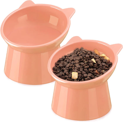 2 Pcs Elevated Cat Bowl Set, Tilted 15° Plastic Raised Food and Water Bowls Anti Vomit Pet Feeding Dishes for Indoor Cats/Small Dogs(Cat Ears,Peach)