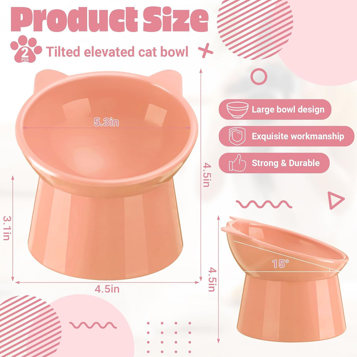 2 Pcs Elevated Cat Bowl Set, Tilted 15° Plastic Raised Food and Water Bowls Anti Vomit Pet Feeding Dishes for Indoor Cats/Small Dogs(Cat Ears,Peach)