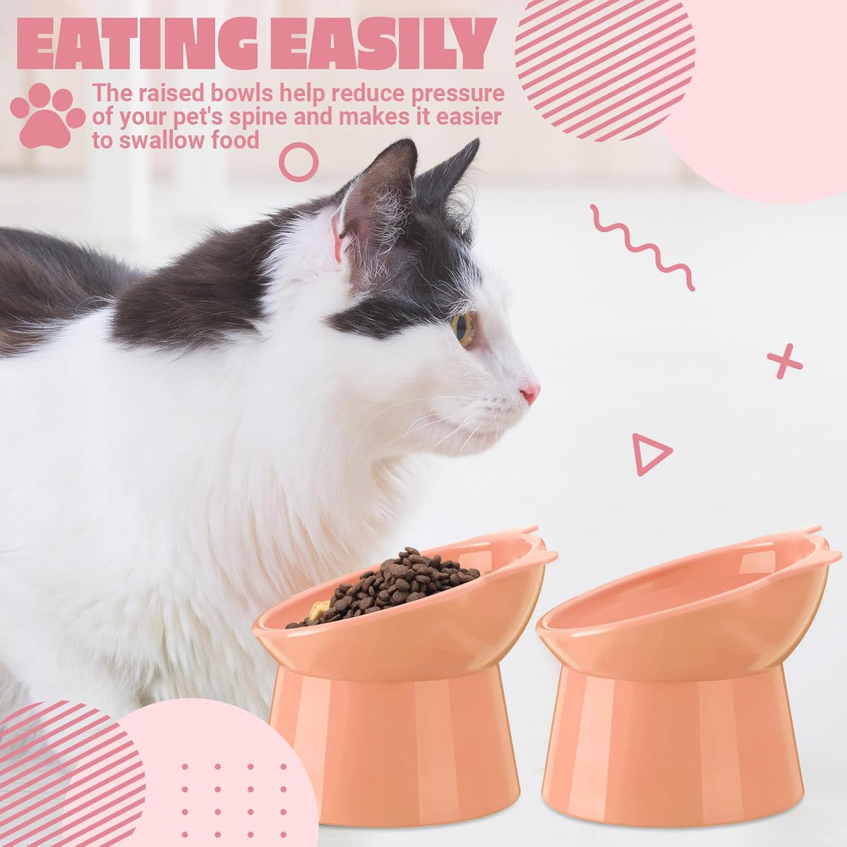 2 Pcs Elevated Cat Bowl Set, Tilted 15° Plastic Raised Food and Water Bowls Anti Vomit Pet Feeding Dishes for Indoor Cats/Small Dogs(Cat Ears,Peach)