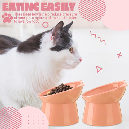 2 Pcs Elevated Cat Bowl Set, Tilted 15° Plastic Raised Food and Water Bowls Anti Vomit Pet Feeding Dishes for Indoor Cats/Small Dogs(Cat Ears,Peach)