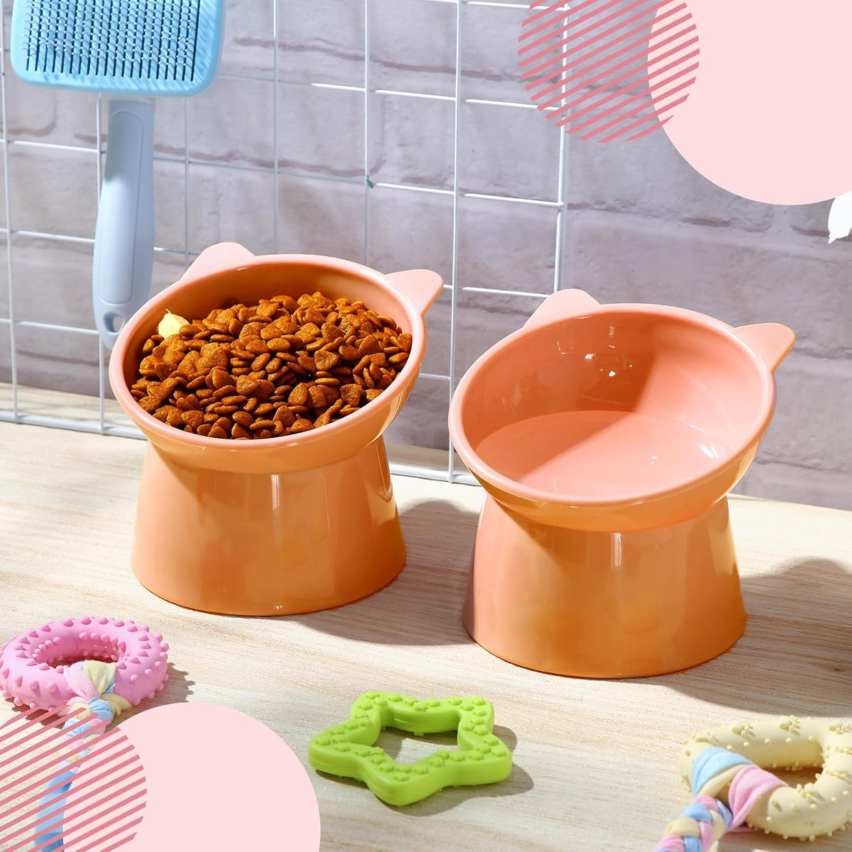 2 Pcs Elevated Cat Bowl Set, Tilted 15° Plastic Raised Food and Water Bowls Anti Vomit Pet Feeding Dishes for Indoor Cats/Small Dogs(Cat Ears,Peach)