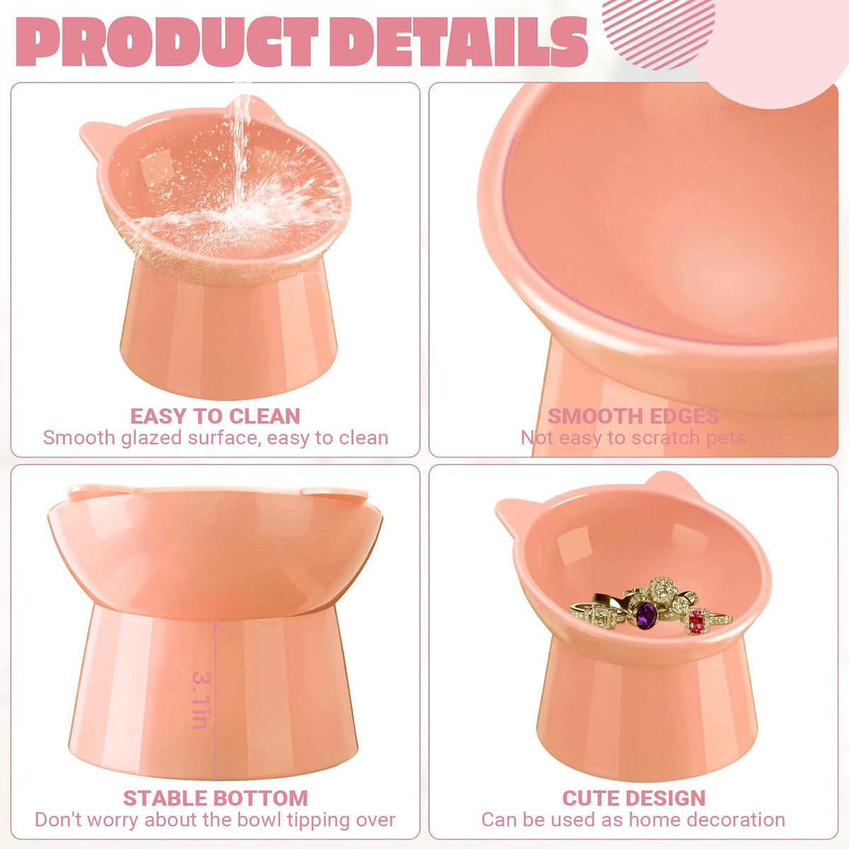 2 Pcs Elevated Cat Bowl Set, Tilted 15° Plastic Raised Food and Water Bowls Anti Vomit Pet Feeding Dishes for Indoor Cats/Small Dogs(Cat Ears,Peach)