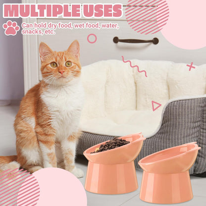 2 Pcs Elevated Cat Bowl Set, Tilted 15° Plastic Raised Food and Water Bowls Anti Vomit Pet Feeding Dishes for Indoor Cats/Small Dogs(Cat Ears,Peach)
