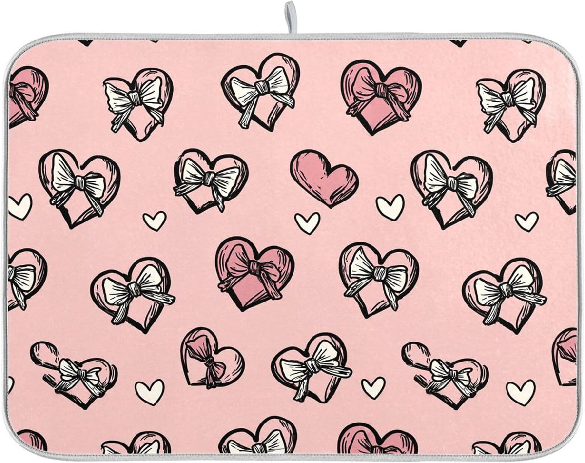Dish Drying Mat for Kitchen Counter Light Pink Heart Bows Valentine Day Absorbent Drying Dish Mat 16×18 inch Dish Rack Pad Coffee Mat for Sink Dishes Under Rack