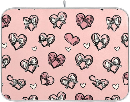 Dish Drying Mat for Kitchen Counter Light Pink Heart Bows Valentine Day Absorbent Drying Dish Mat 16×18 inch Dish Rack Pad Coffee Mat for Sink Dishes Under Rack