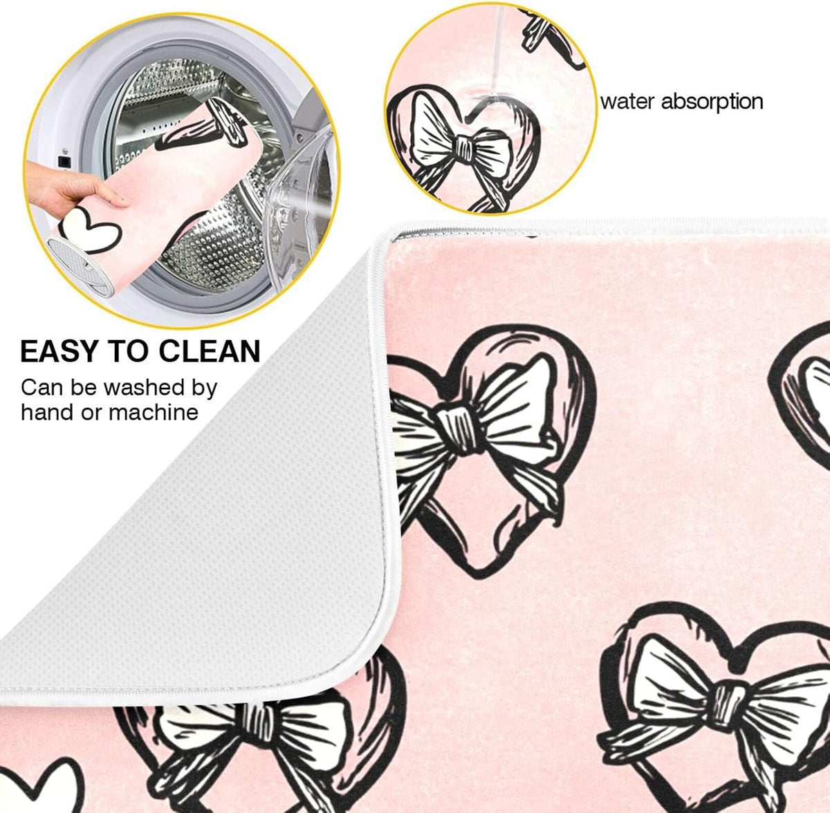 Dish Drying Mat for Kitchen Counter Light Pink Heart Bows Valentine Day Absorbent Drying Dish Mat 16×18 inch Dish Rack Pad Coffee Mat for Sink Dishes Under Rack