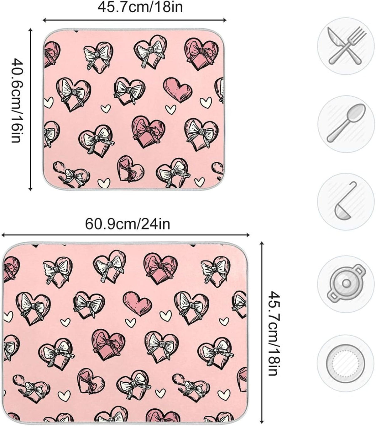 Dish Drying Mat for Kitchen Counter Light Pink Heart Bows Valentine Day Absorbent Drying Dish Mat 16×18 inch Dish Rack Pad Coffee Mat for Sink Dishes Under Rack