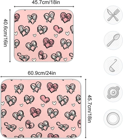 Dish Drying Mat for Kitchen Counter Light Pink Heart Bows Valentine Day Absorbent Drying Dish Mat 16×18 inch Dish Rack Pad Coffee Mat for Sink Dishes Under Rack