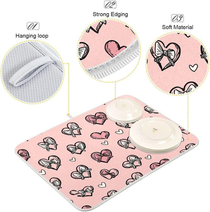 Dish Drying Mat for Kitchen Counter Light Pink Heart Bows Valentine Day Absorbent Drying Dish Mat 16×18 inch Dish Rack Pad Coffee Mat for Sink Dishes Under Rack