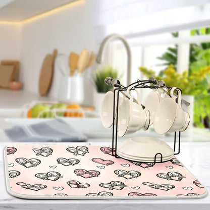 Dish Drying Mat for Kitchen Counter Light Pink Heart Bows Valentine Day Absorbent Drying Dish Mat 16×18 inch Dish Rack Pad Coffee Mat for Sink Dishes Under Rack