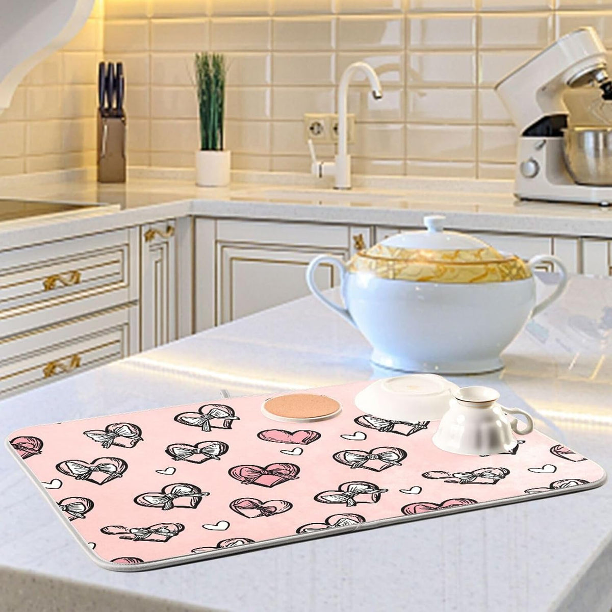 Dish Drying Mat for Kitchen Counter Light Pink Heart Bows Valentine Day Absorbent Drying Dish Mat 16×18 inch Dish Rack Pad Coffee Mat for Sink Dishes Under Rack