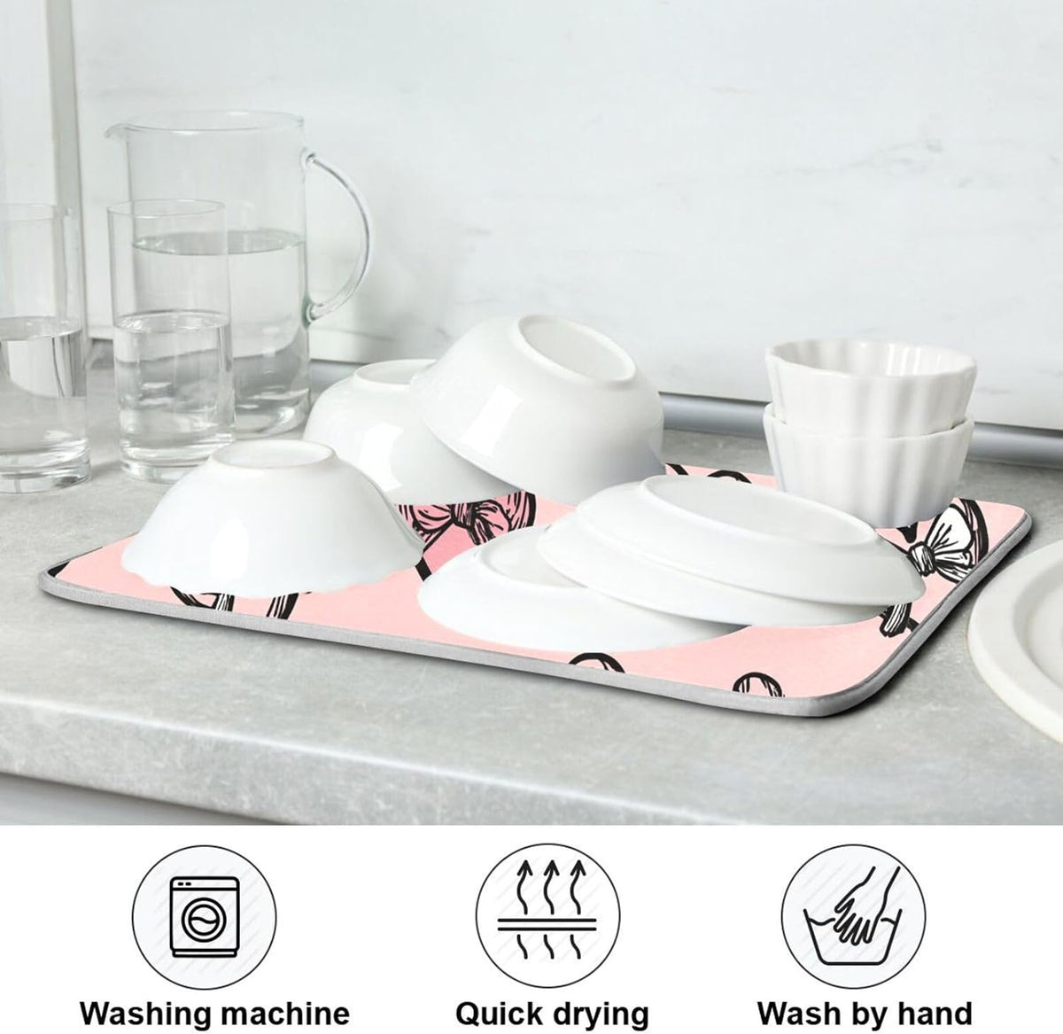 Dish Drying Mat for Kitchen Counter Light Pink Heart Bows Valentine Day Absorbent Drying Dish Mat 16×18 inch Dish Rack Pad Coffee Mat for Sink Dishes Under Rack