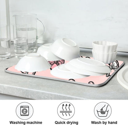 Dish Drying Mat for Kitchen Counter Light Pink Heart Bows Valentine Day Absorbent Drying Dish Mat 16×18 inch Dish Rack Pad Coffee Mat for Sink Dishes Under Rack