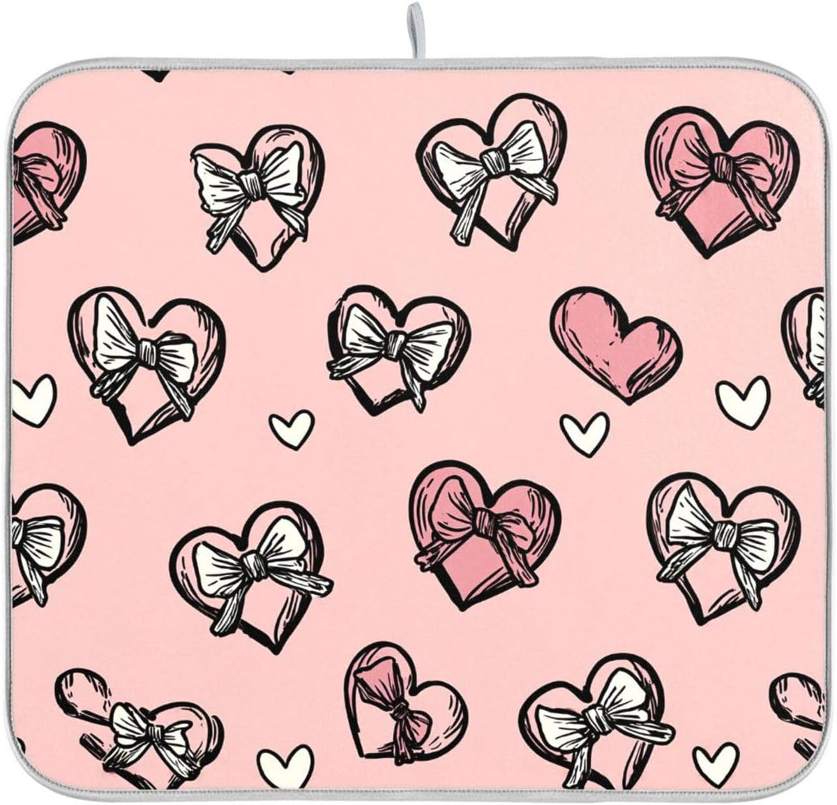 Dish Drying Mat for Kitchen Counter Light Pink Heart Bows Valentine Day Absorbent Drying Dish Mat 16×18 inch Dish Rack Pad Coffee Mat for Sink Dishes Under Rack