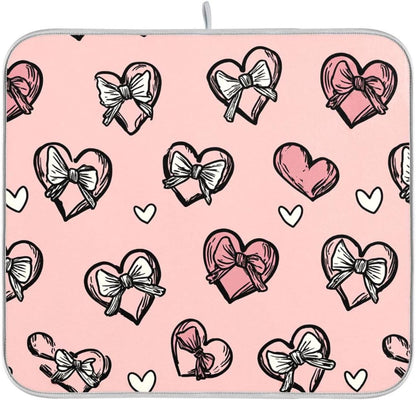 Dish Drying Mat for Kitchen Counter Light Pink Heart Bows Valentine Day Absorbent Drying Dish Mat 16×18 inch Dish Rack Pad Coffee Mat for Sink Dishes Under Rack