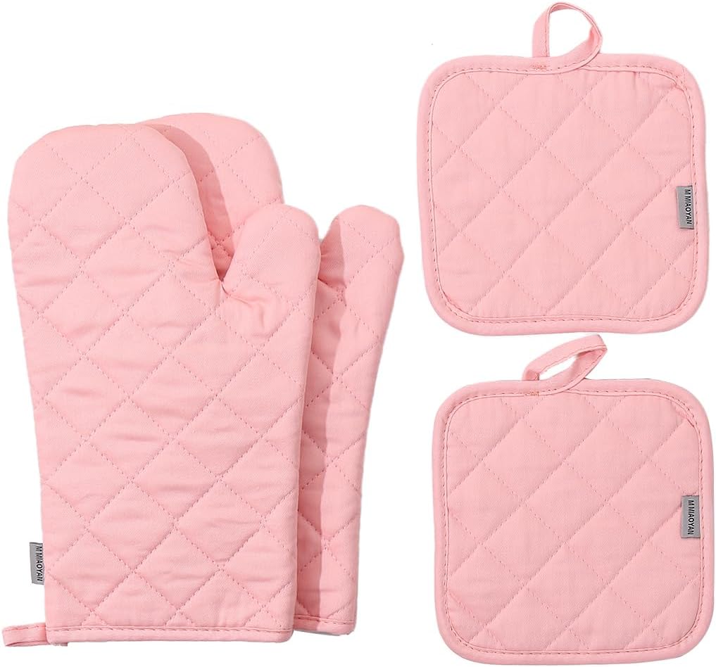 Oven Mitts and Pot Holders 4 pcs Set,High Heat Resistant 500 Degree Extra Thicken Long Kitchen Cotton Oven Glove for Cooking (12 Inch,Pink)…