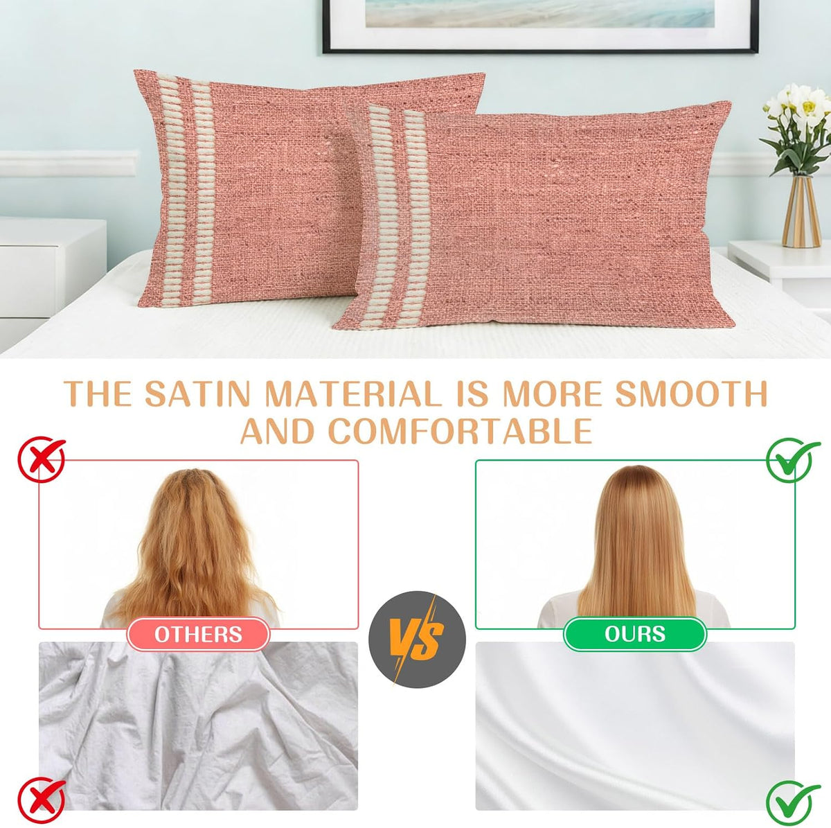 Peach Pink Texture Satin Pillowcases Standard Size Set of 2 Cooling Country Farmhouse Burlap Stripes Silk Pillow Cases for Hair and Skin Smooth Soft Zippered Throw Pillow Covers for Women Men 20"x26"