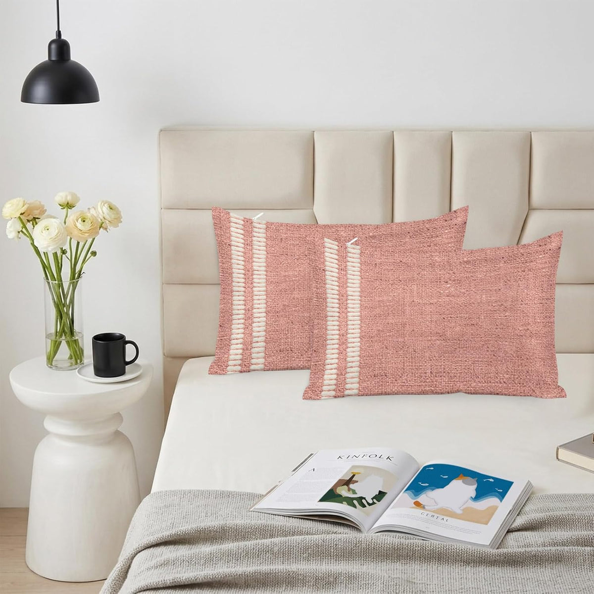 Peach Pink Texture Satin Pillowcases Standard Size Set of 2 Cooling Country Farmhouse Burlap Stripes Silk Pillow Cases for Hair and Skin Smooth Soft Zippered Throw Pillow Covers for Women Men 20"x26"