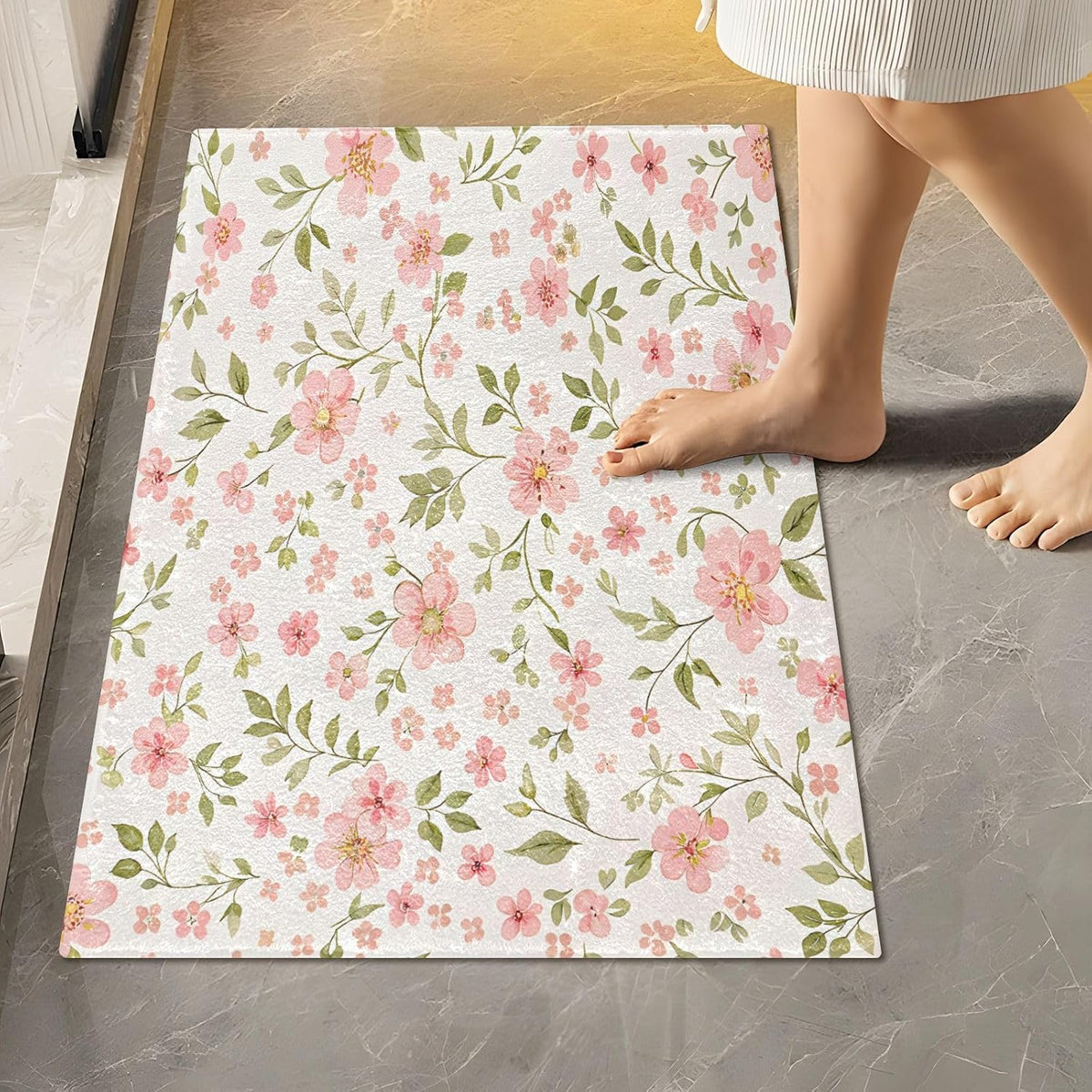 Pink Flowers Bathroom Mat Rug 24" x 16" Non Slip Super Absorbent Quick Dry Bath Mats for Bathtub Fluffy Rugs