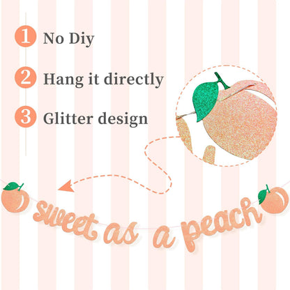 Sweet As a Peach Banner, Glitter Pink Fresh Fruit Theme Banner for Girl Peach Birthday Party Decorations Baby Shower