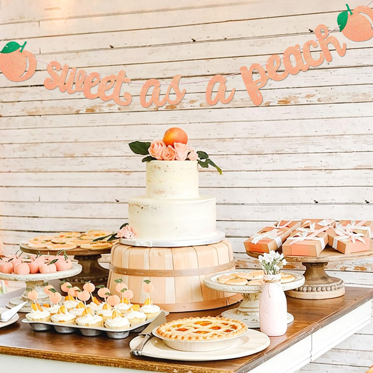 Sweet As a Peach Banner, Glitter Pink Fresh Fruit Theme Banner for Girl Peach Birthday Party Decorations Baby Shower