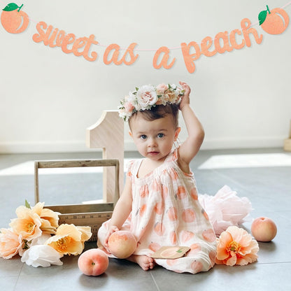 Sweet As a Peach Banner, Glitter Pink Fresh Fruit Theme Banner for Girl Peach Birthday Party Decorations Baby Shower