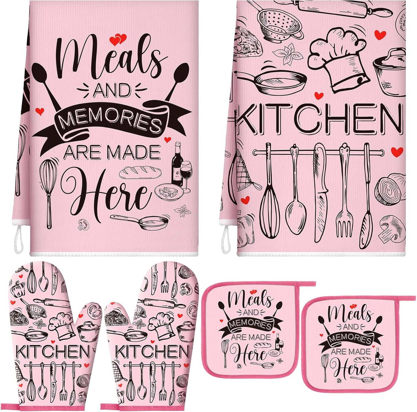 6 Kitchen Towels Sets Kitchen Decor Accessories Set with Oven Mitts and Pot Holders Farmhouse Oven Glove Decor for Cooking Baking Grilling Supplies(Pink,Black,Novel)