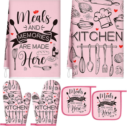 6 Kitchen Towels Sets Kitchen Decor Accessories Set with Oven Mitts and Pot Holders Farmhouse Oven Glove Decor for Cooking Baking Grilling Supplies(Pink,Black,Novel)