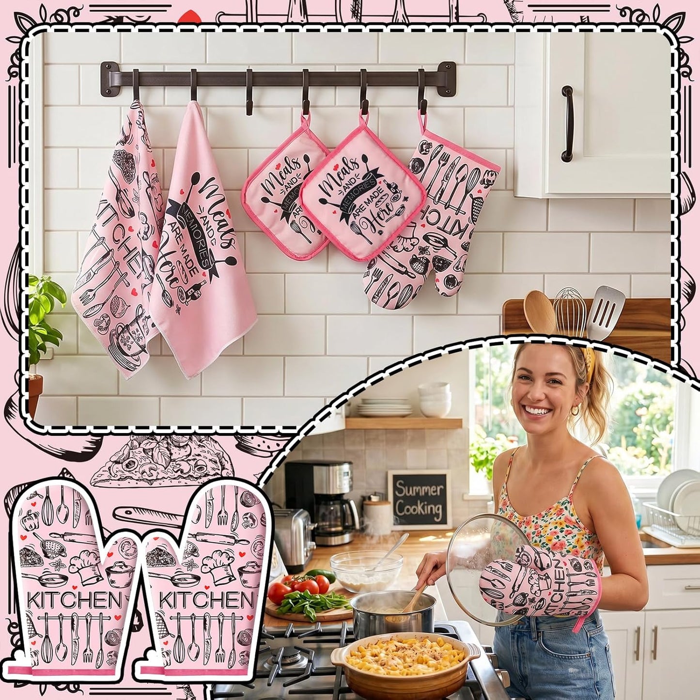 6 Kitchen Towels Sets Kitchen Decor Accessories Set with Oven Mitts and Pot Holders Farmhouse Oven Glove Decor for Cooking Baking Grilling Supplies(Pink,Black,Novel)