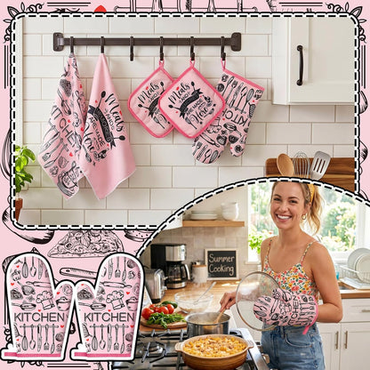 6 Kitchen Towels Sets Kitchen Decor Accessories Set with Oven Mitts and Pot Holders Farmhouse Oven Glove Decor for Cooking Baking Grilling Supplies(Pink,Black,Novel)