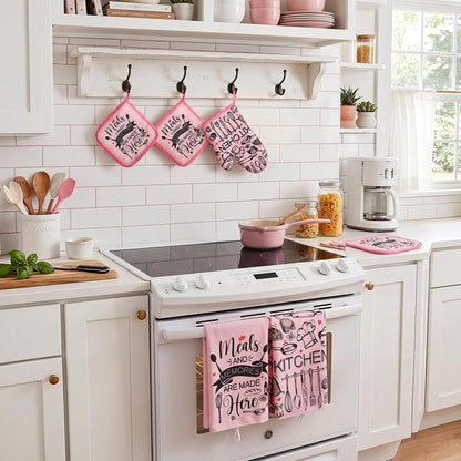 6 Kitchen Towels Sets Kitchen Decor Accessories Set with Oven Mitts and Pot Holders Farmhouse Oven Glove Decor for Cooking Baking Grilling Supplies(Pink,Black,Novel)