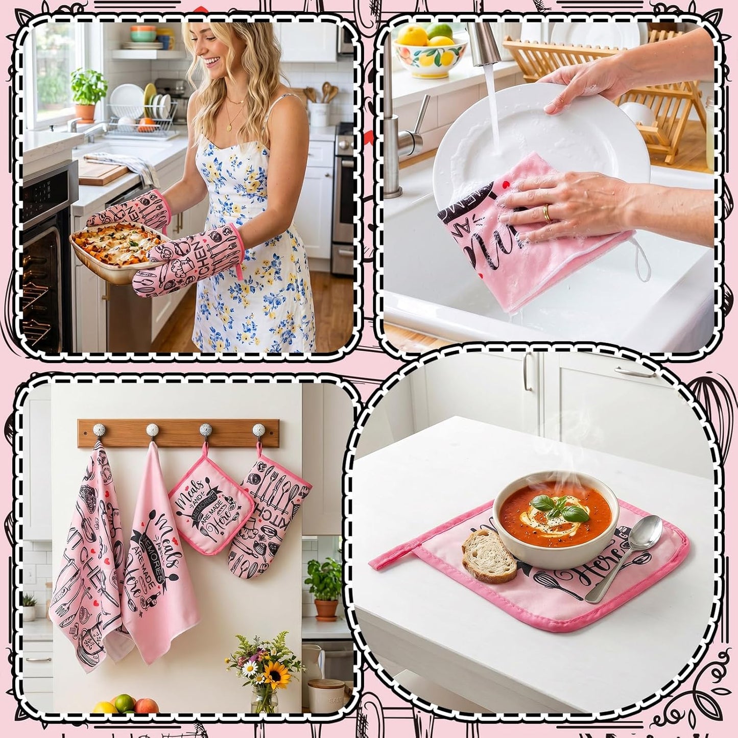 6 Kitchen Towels Sets Kitchen Decor Accessories Set with Oven Mitts and Pot Holders Farmhouse Oven Glove Decor for Cooking Baking Grilling Supplies(Pink,Black,Novel)