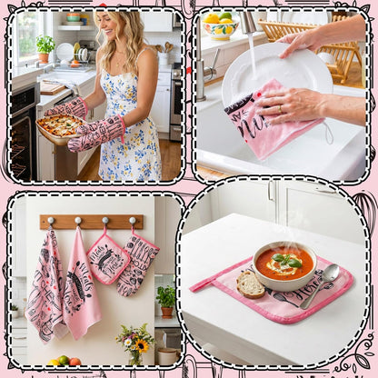 6 Kitchen Towels Sets Kitchen Decor Accessories Set with Oven Mitts and Pot Holders Farmhouse Oven Glove Decor for Cooking Baking Grilling Supplies(Pink,Black,Novel)