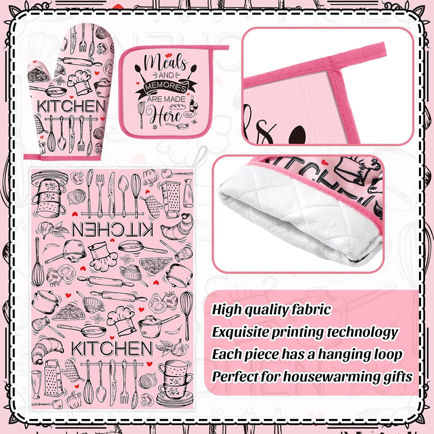 6 Kitchen Towels Sets Kitchen Decor Accessories Set with Oven Mitts and Pot Holders Farmhouse Oven Glove Decor for Cooking Baking Grilling Supplies(Pink,Black,Novel)